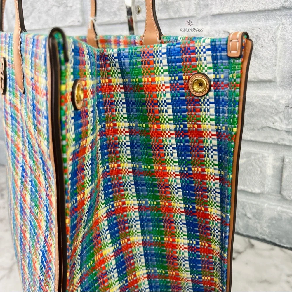 Tory Burch Ella Poly Woven Nylon Large Tote In Tory Navy Multi - Picture 4 of 11